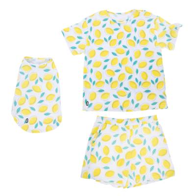TIAKI Pet & Parent Pyjama im Partnerlook, Zitrone Pyjama für Hundeeltern Größe M + passendes Hundeshirt Rückenlänge 45 cm von TIAKI